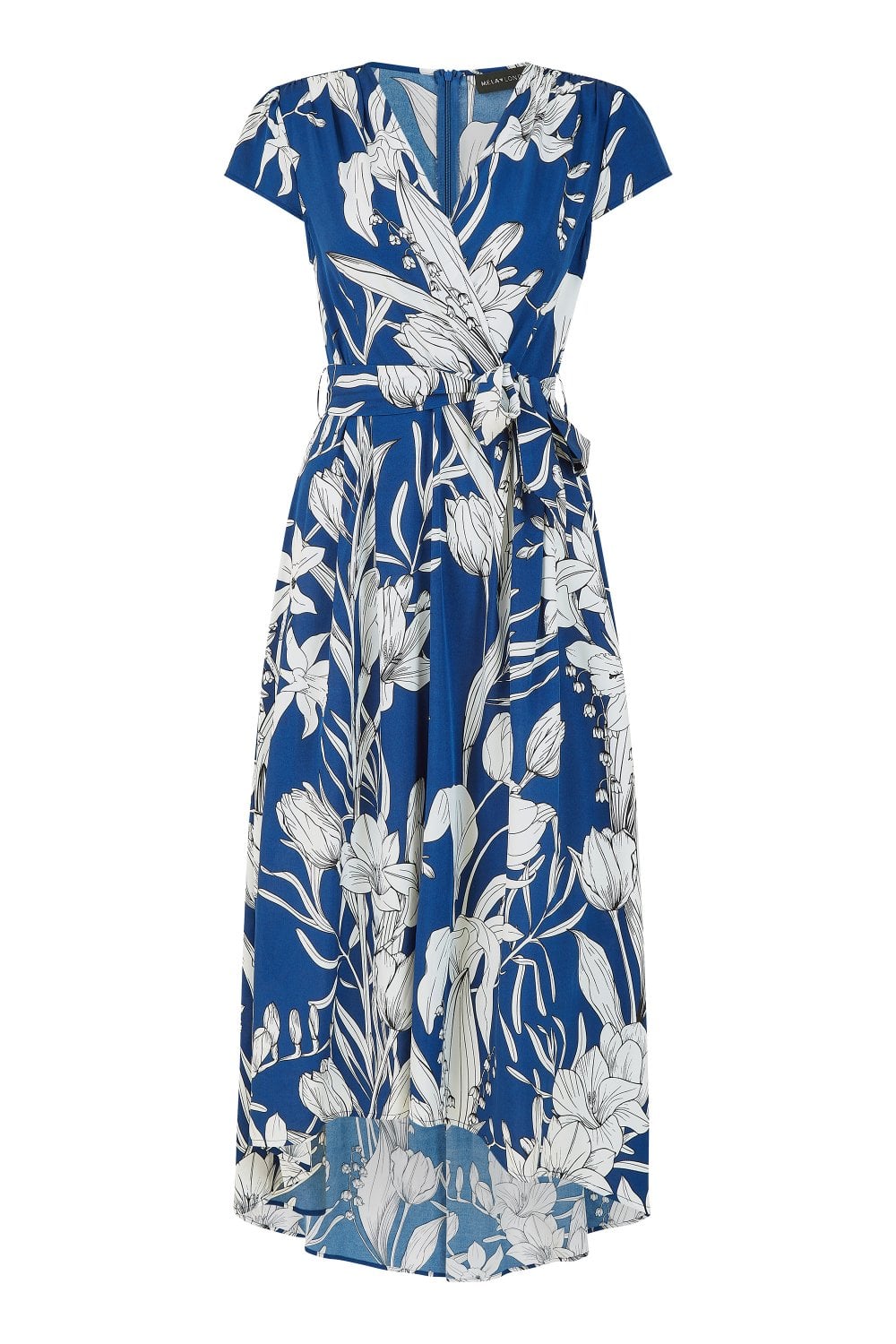 Mela Navy Leaf Print Dipped Hem Wrap Dress Yumi