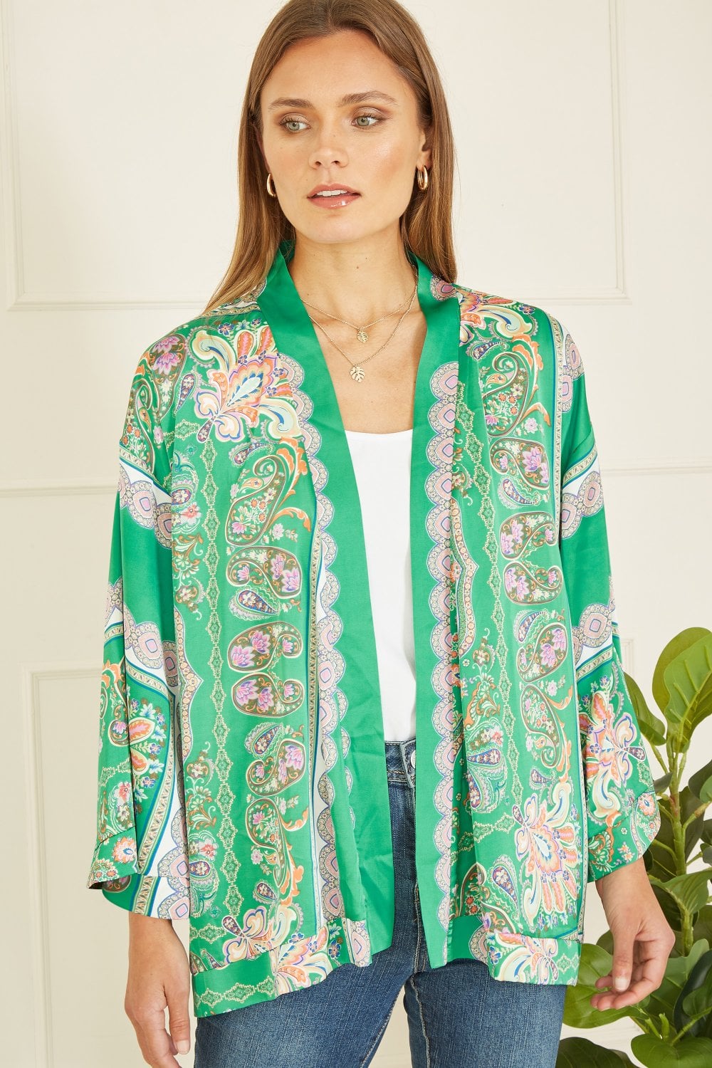 Mela Navy Paisley Print Satin Kimono Yumi