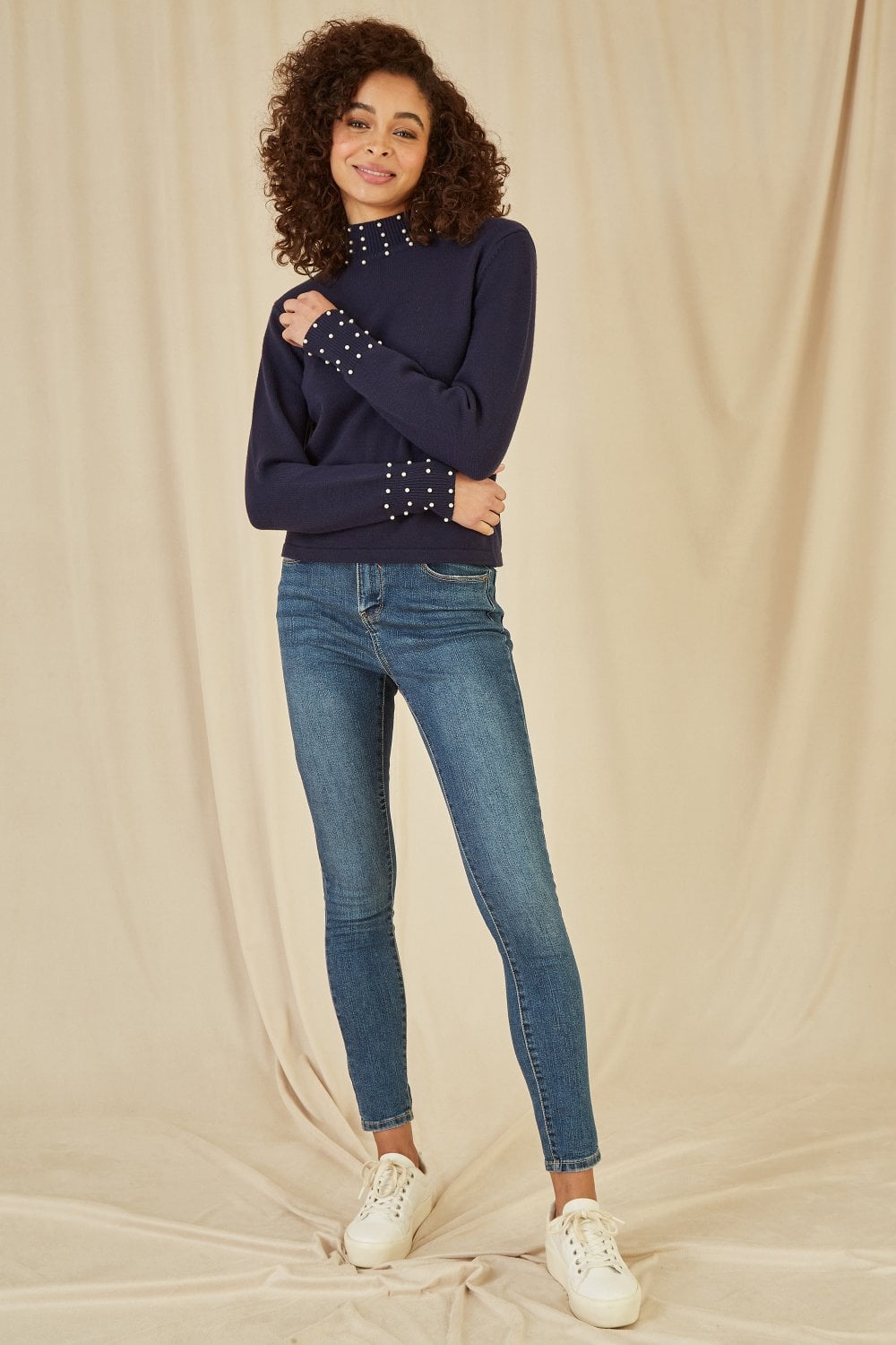 Mela Navy Pearl Detail High Neck Jumper Mela