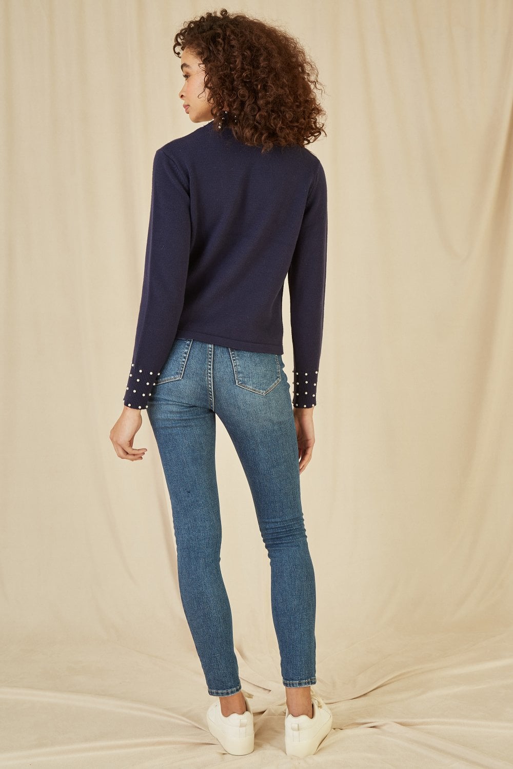 Mela Navy Pearl Detail High Neck Jumper Mela