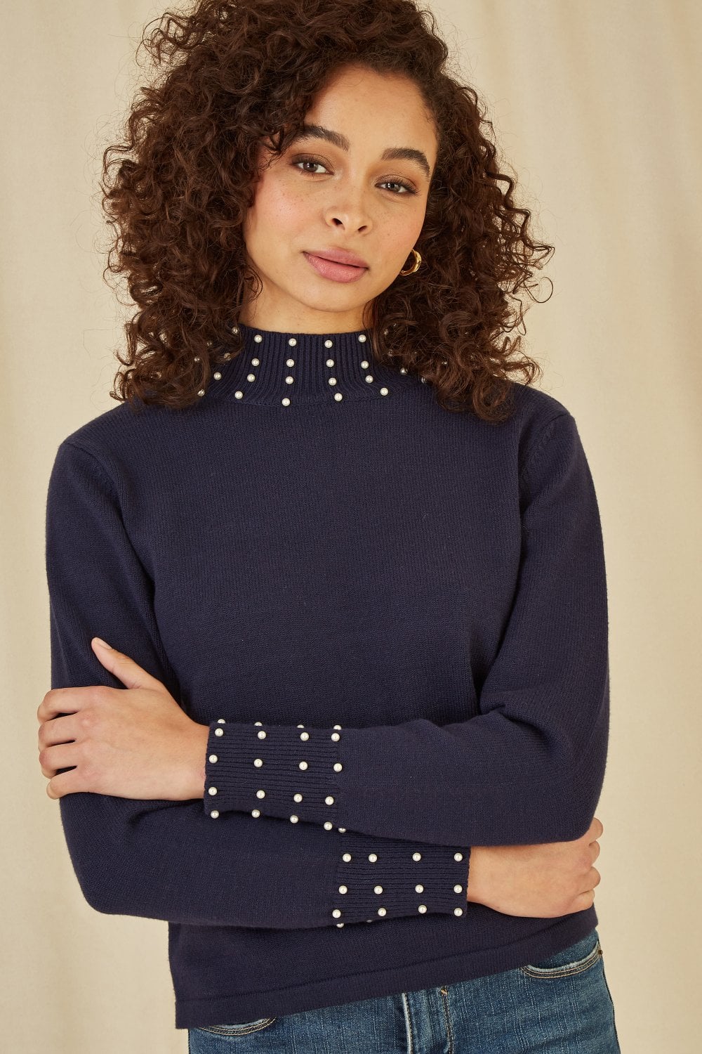 Mela Navy Pearl Detail High Neck Jumper Mela