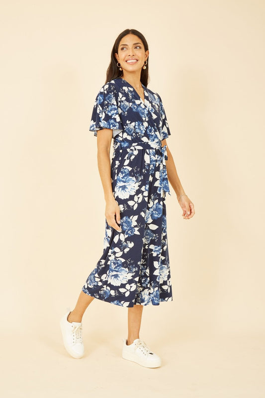 Mela Navy Rose Print Jumpsuit With Angel Sleeves Yumi