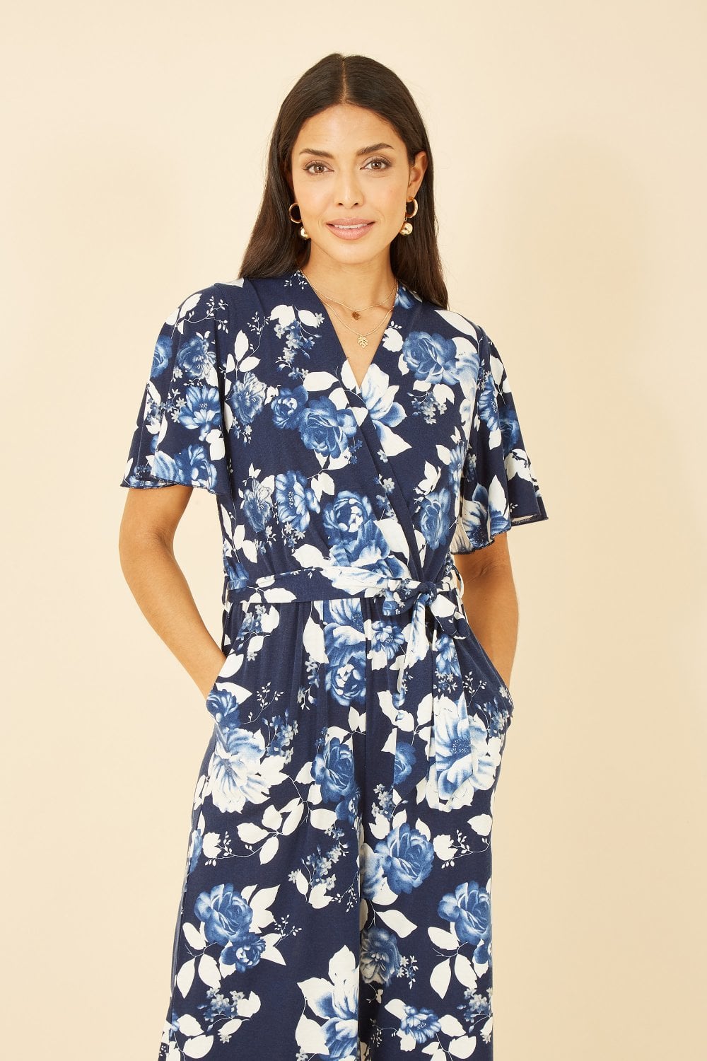 Mela Navy Rose Print Jumpsuit With Angel Sleeves Yumi