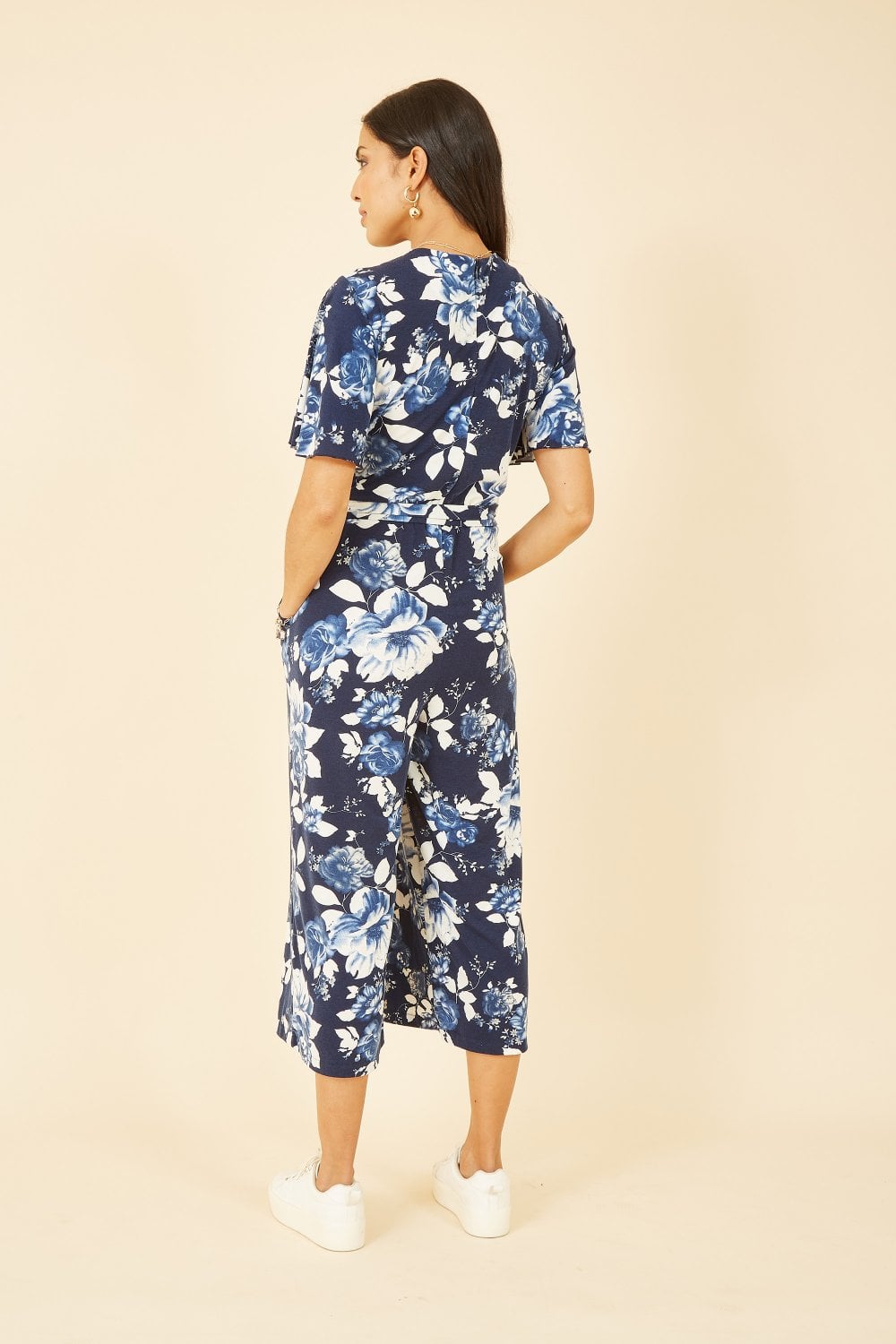 Mela Navy Rose Print Jumpsuit With Angel Sleeves Yumi