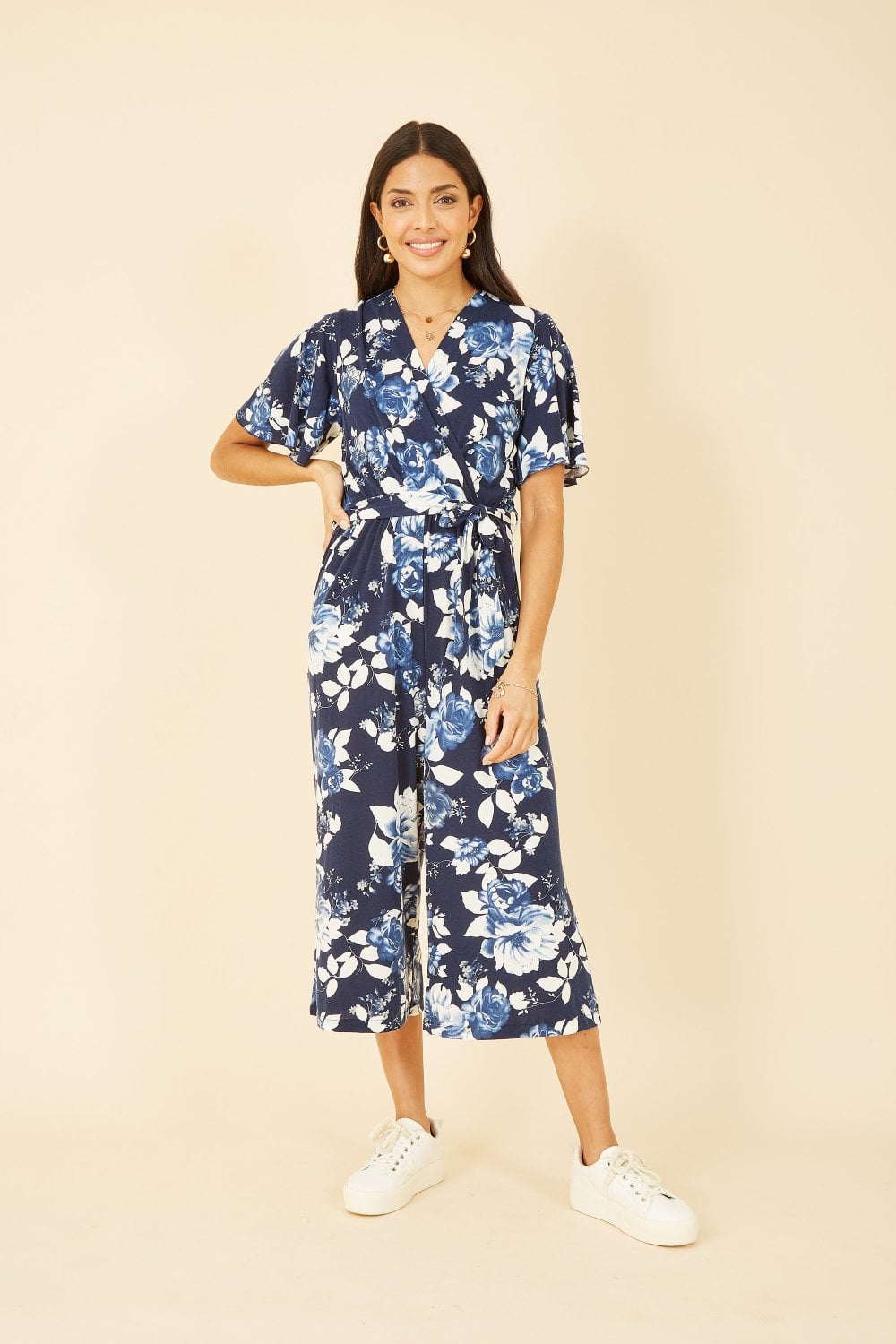 Mela Navy Rose Print Jumpsuit With Angel Sleeves Yumi