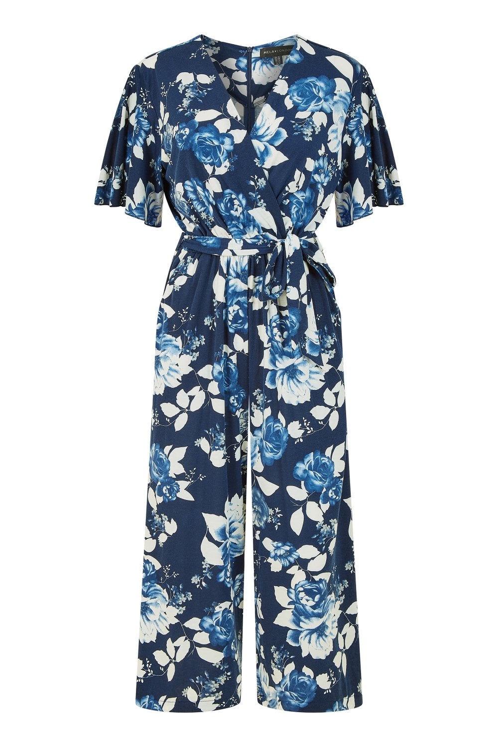 Mela Navy Rose Print Jumpsuit With Angel Sleeves Yumi