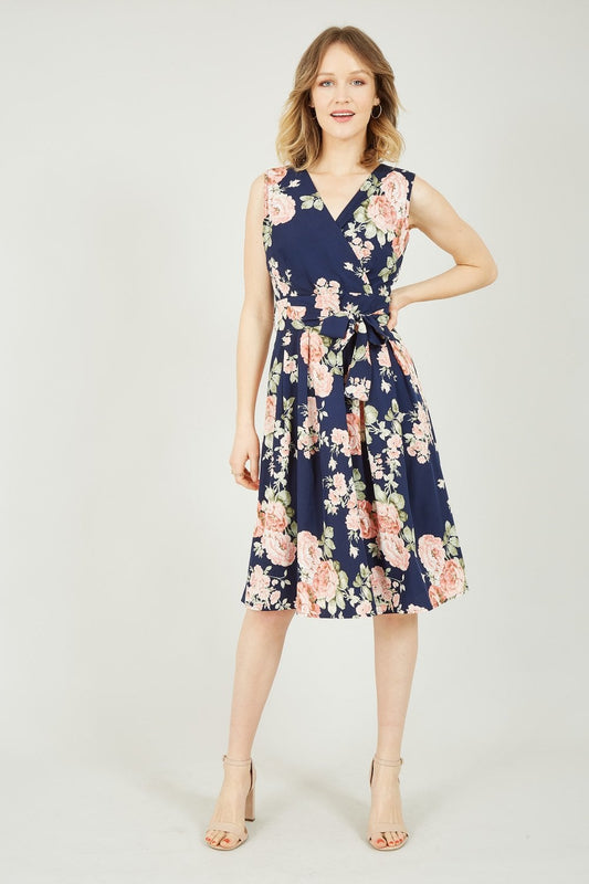 Mela Navy Rose Printed Wrap Over Sleeveless Skater Dress Mela