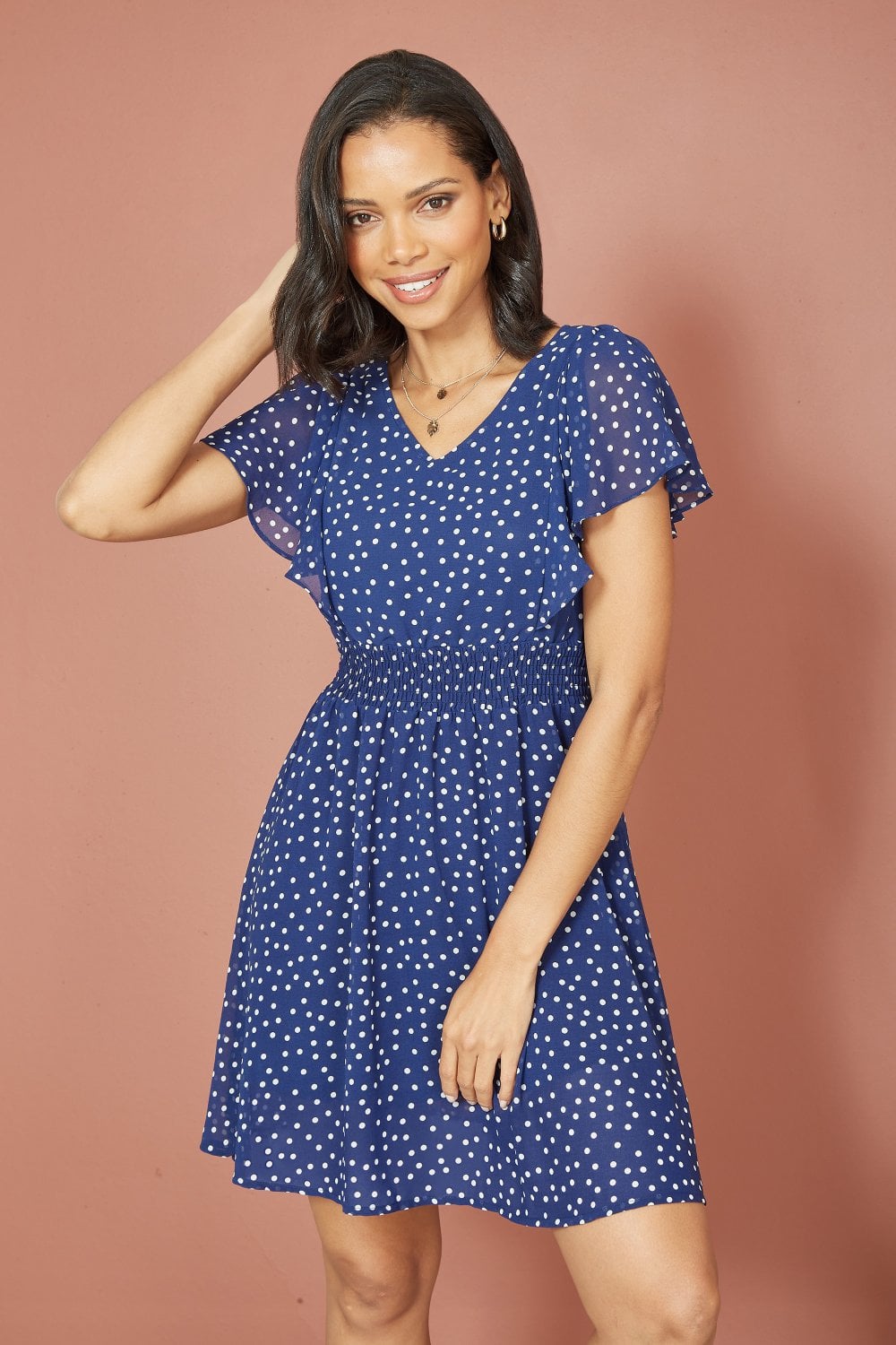 Mela Navy Ruched Waist Spot Print Skater Dress Yumi