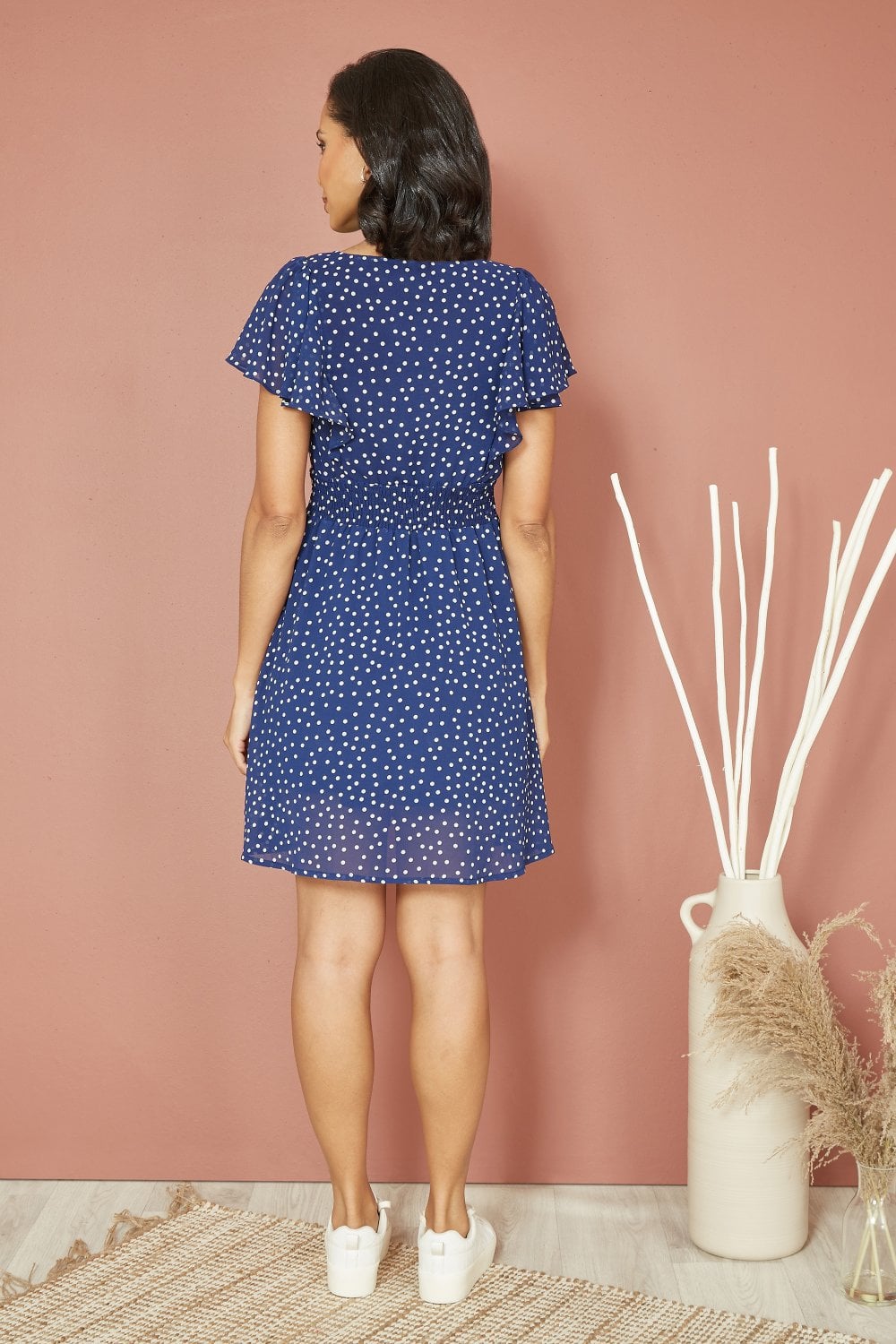 Mela Navy Ruched Waist Spot Print Skater Dress Yumi