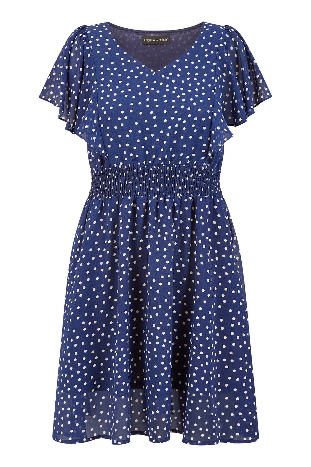 Mela Navy Ruched Waist Spot Print Skater Dress Yumi