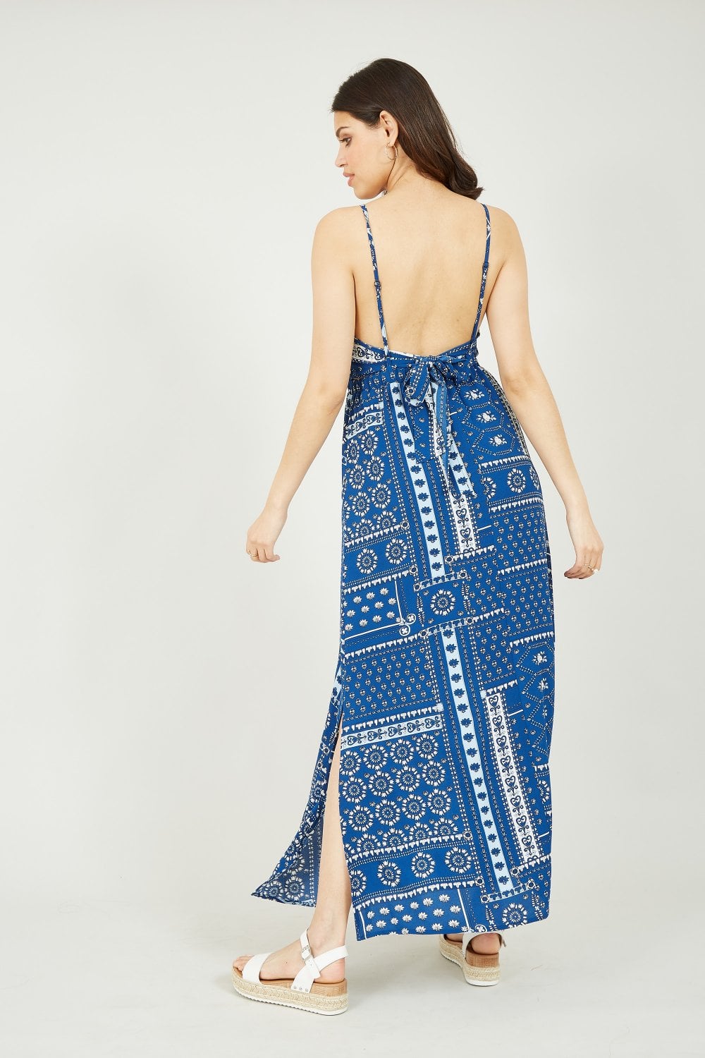 Mela Navy Scarf Printed Maxi Dress With Tie Back Mela