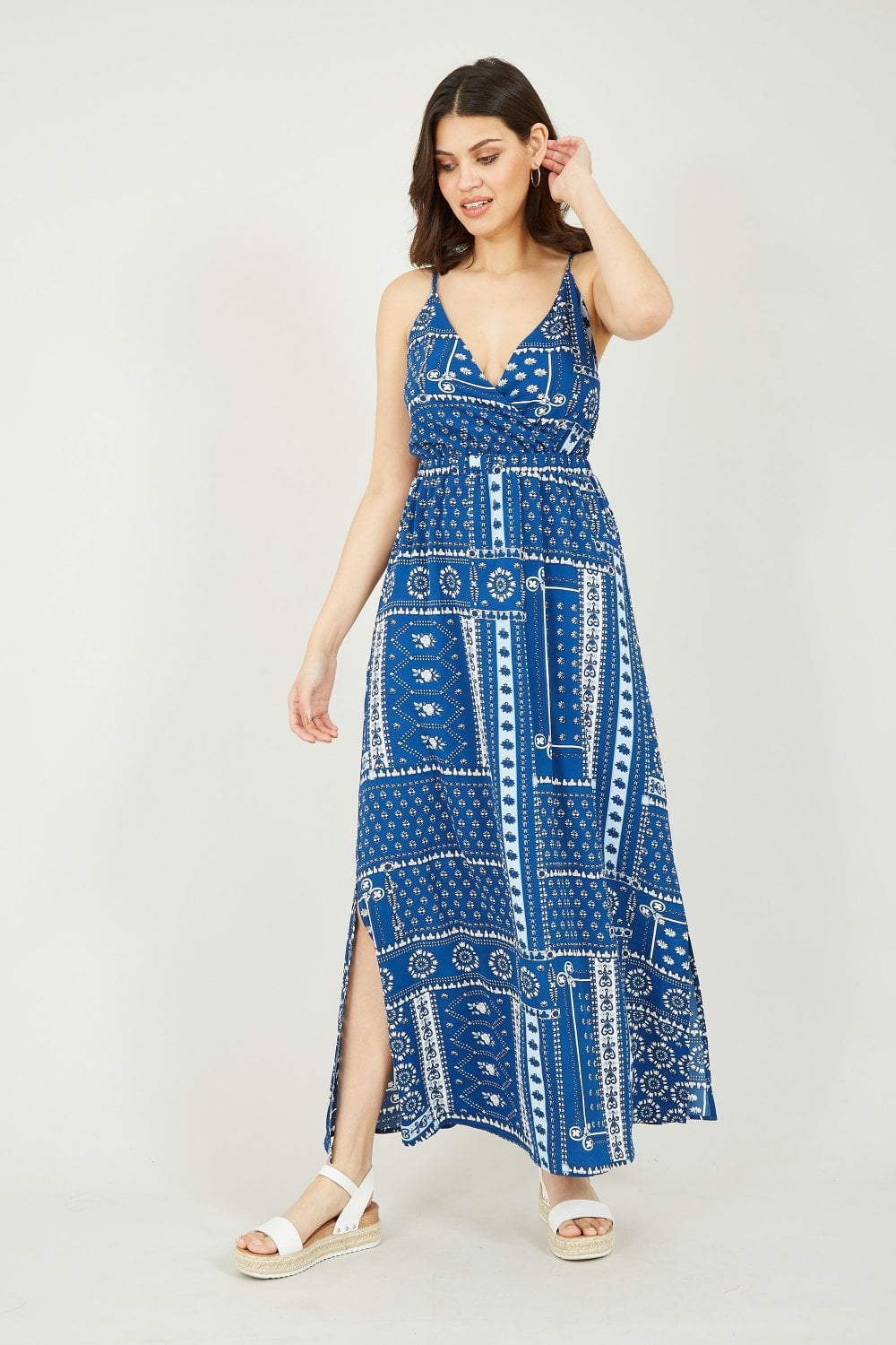 Mela Navy Scarf Printed Maxi Dress With Tie Back Mela