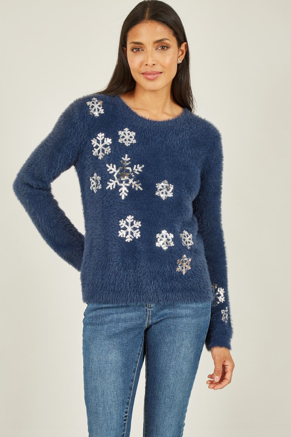 Mela Navy Sequin Snowflake Fluffy Jumper Mela