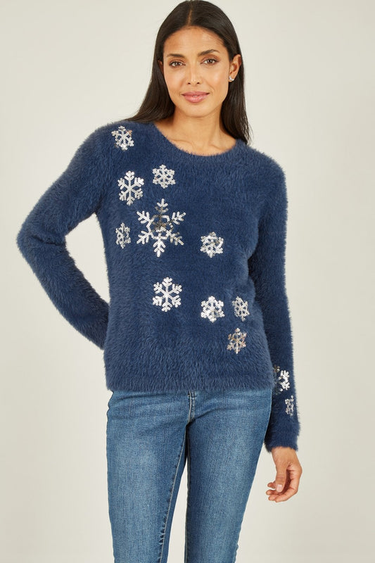 Mela Navy Sequin Snowflake Fluffy Jumper Mela