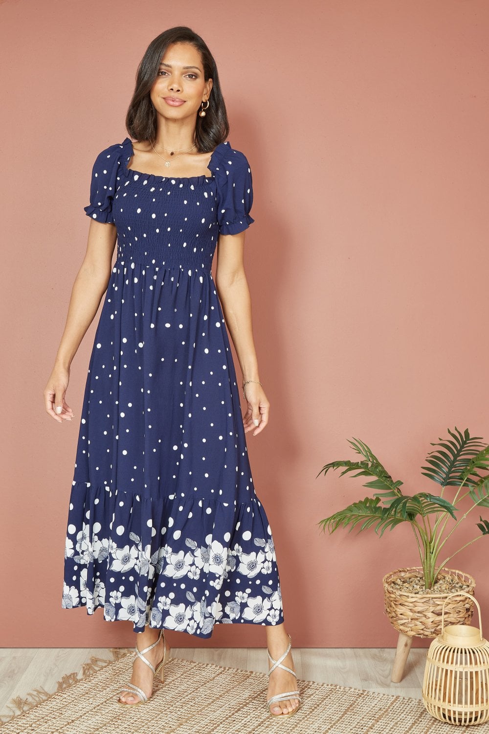 Mela Navy Spot And Floral Print Border Ruched Midi Dress Yumi