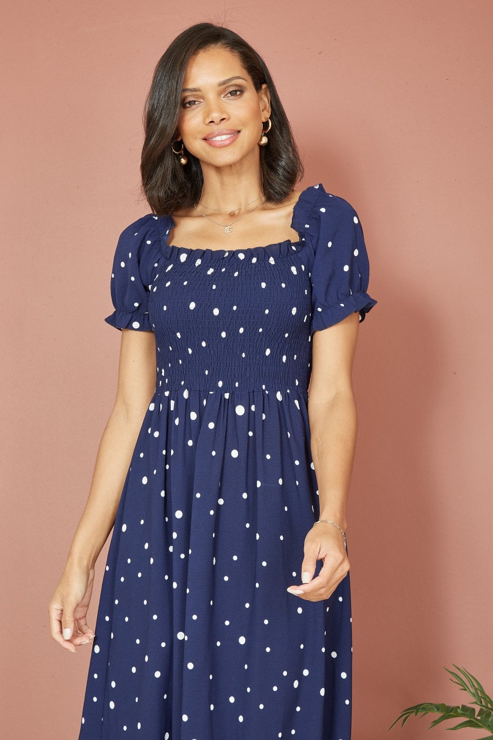 Mela Navy Spot And Floral Print Border Ruched Midi Dress Yumi