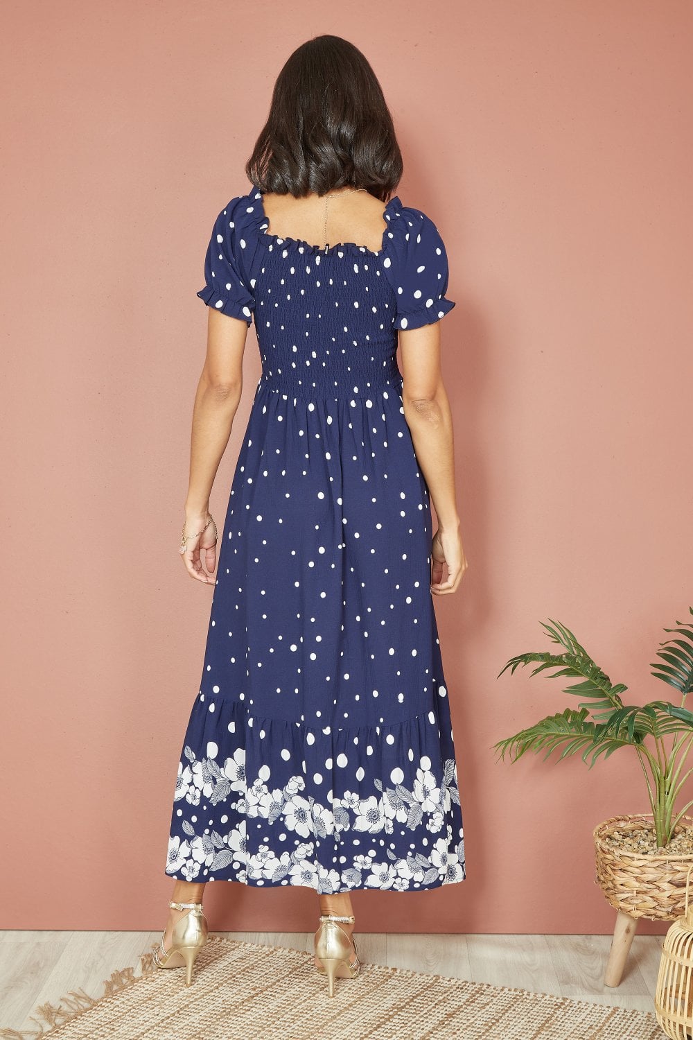 Mela Navy Spot And Floral Print Border Ruched Midi Dress Yumi