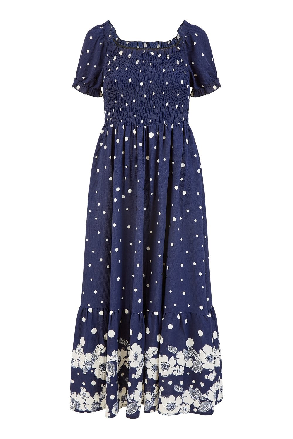 Mela Navy Spot And Floral Print Border Ruched Midi Dress Yumi