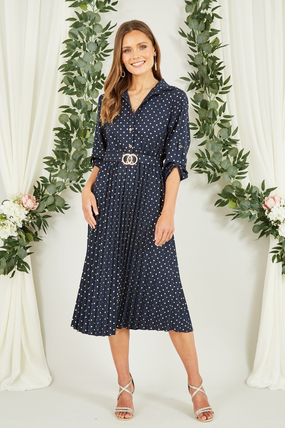 Mela Navy Spot Pleated Skirt Midi Dress With Gold Buckle Mela