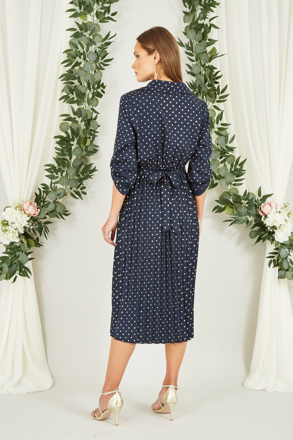 Mela Navy Spot Pleated Skirt Midi Dress With Gold Buckle Mela