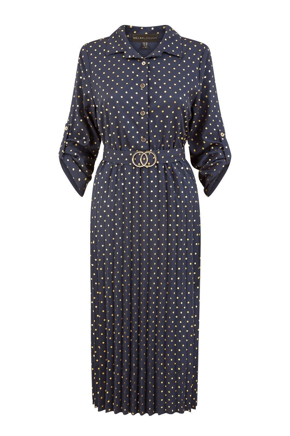 Mela Navy Spot Pleated Skirt Midi Dress With Gold Buckle Mela