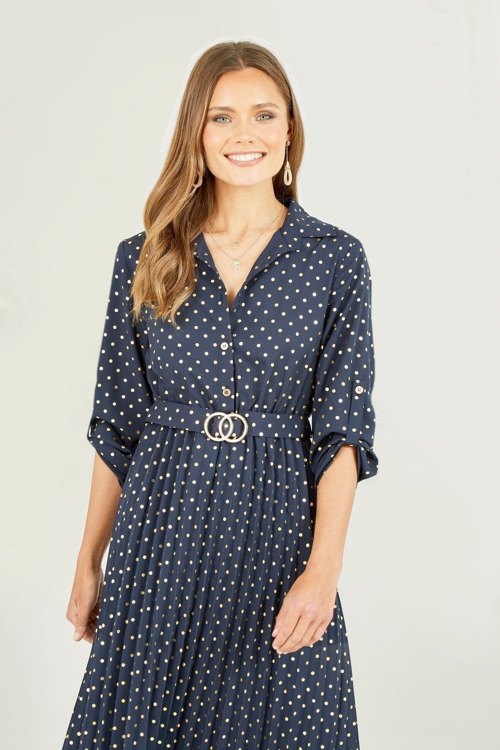 Mela Navy Spot Pleated Skirt Midi Dress With Gold Buckle Mela