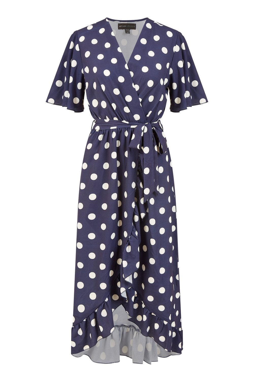 Mela Navy Spot Print Wrap Midi Dress With Frill Detail Yumi