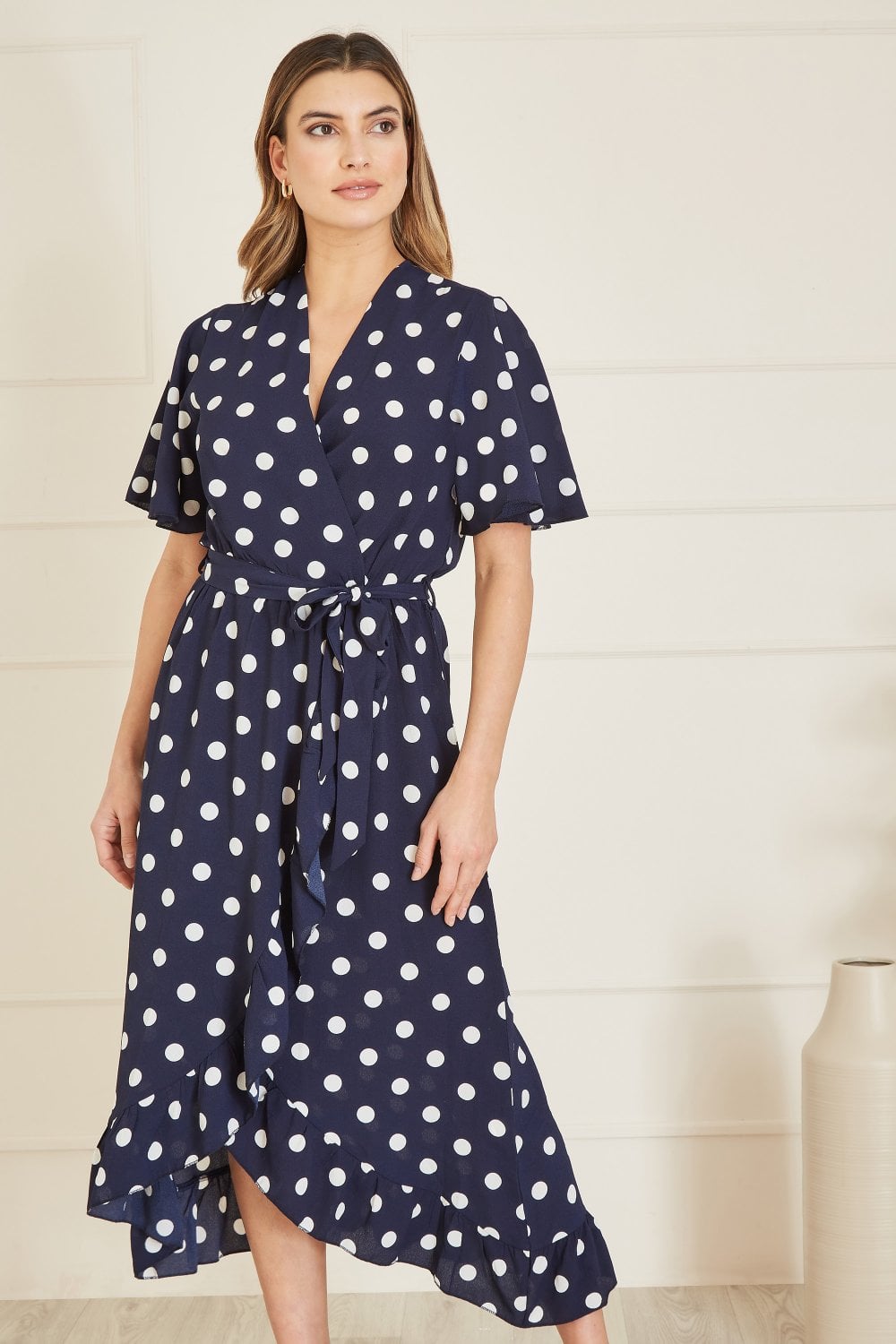 Mela Navy Spot Print Wrap Midi Dress With Frill Detail Yumi