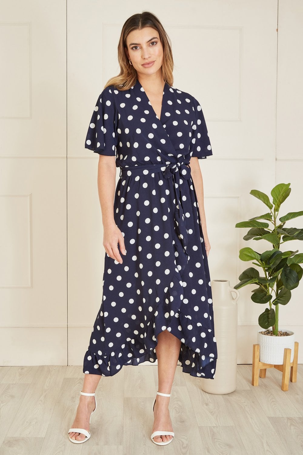 Mela Navy Spot Print Wrap Midi Dress With Frill Detail Yumi