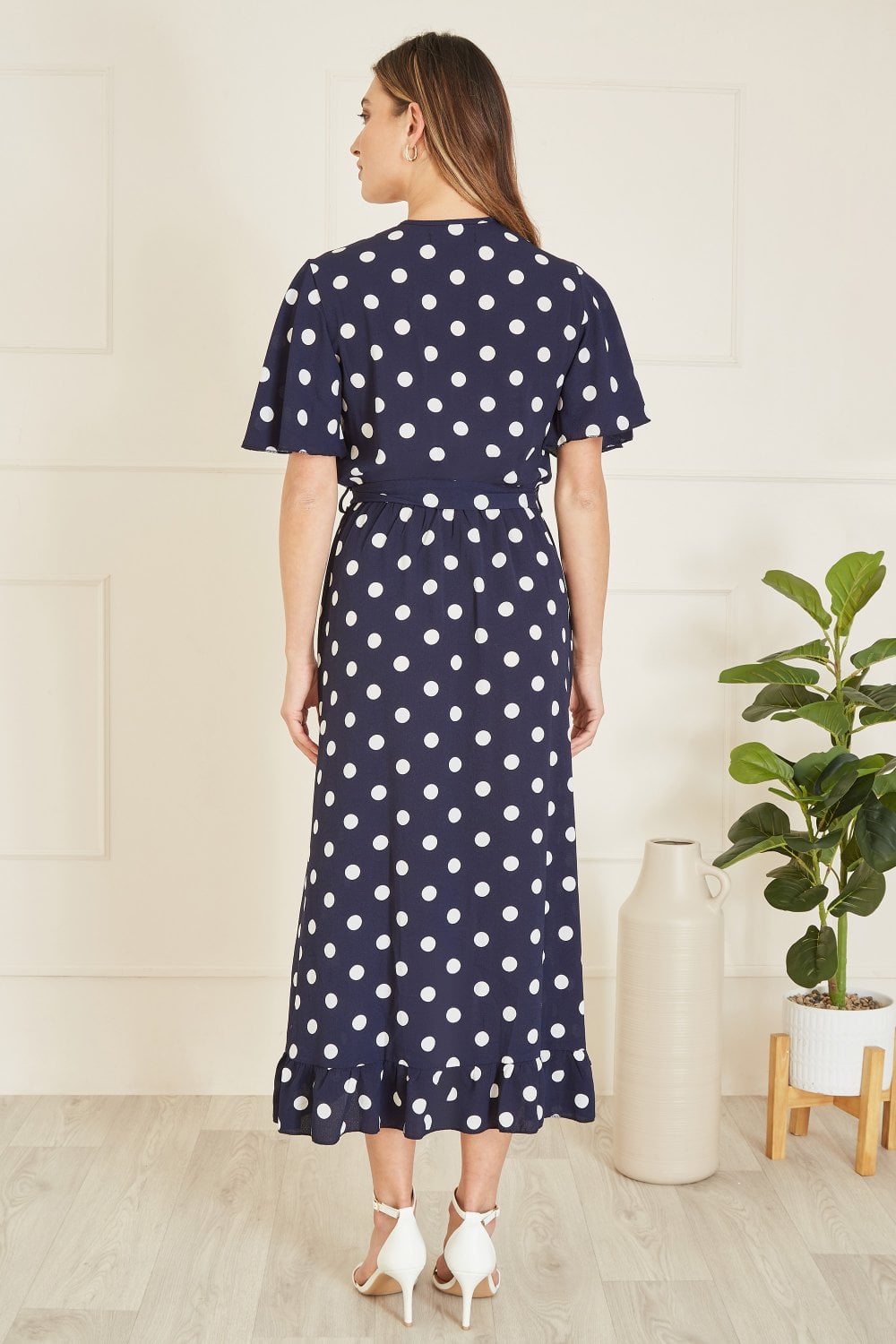 Mela Navy Spot Print Wrap Midi Dress With Frill Detail Yumi