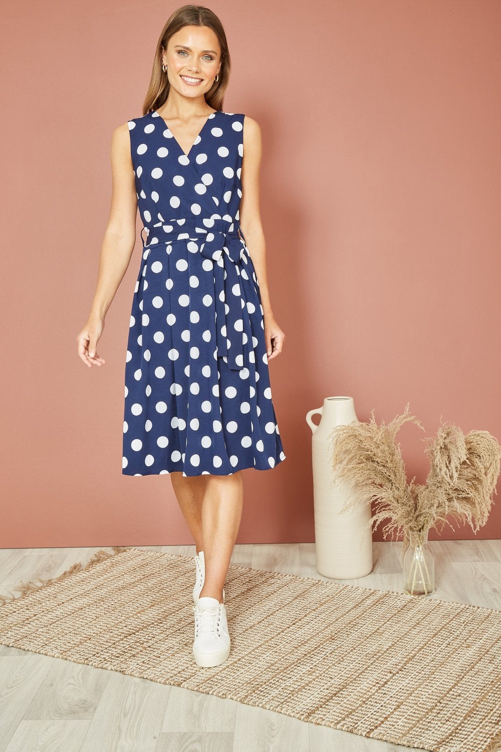 Mela Navy Spot Print Wrap Over Skater Dress Yumi