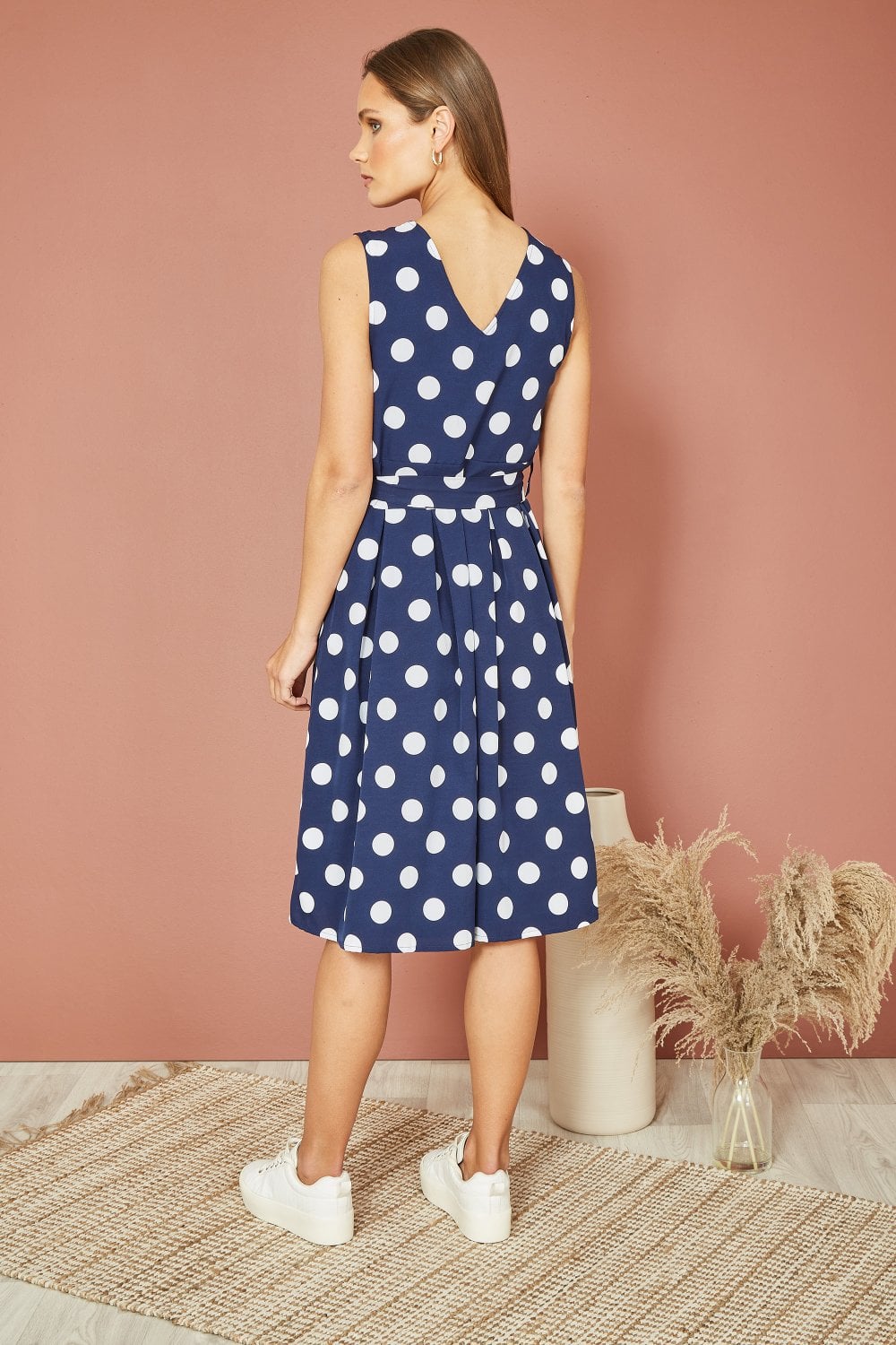 Mela Navy Spot Print Wrap Over Skater Dress Yumi