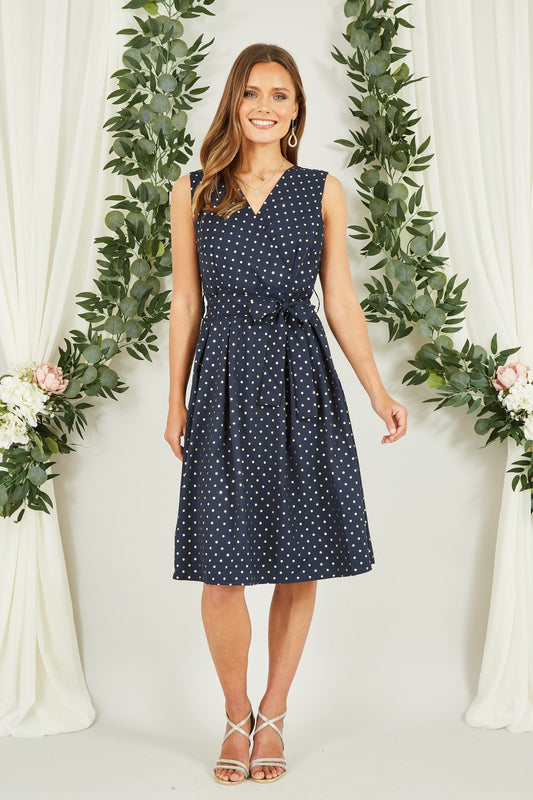 Mela Navy Spot Wrap Over Skater Dress Mela