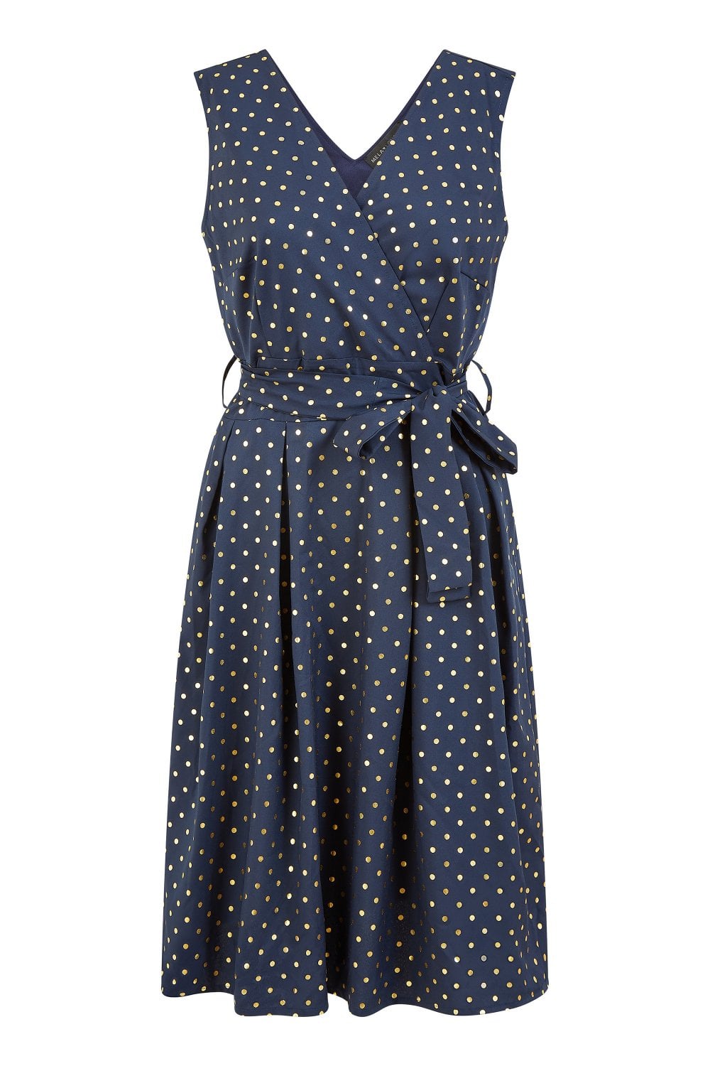 Mela Navy Spot Wrap Over Skater Dress Mela