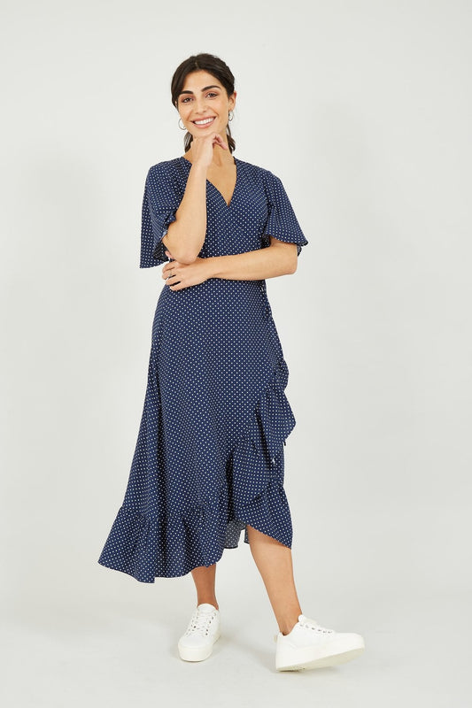 Mela Navy Spotted Wrap Midi Dress Mela