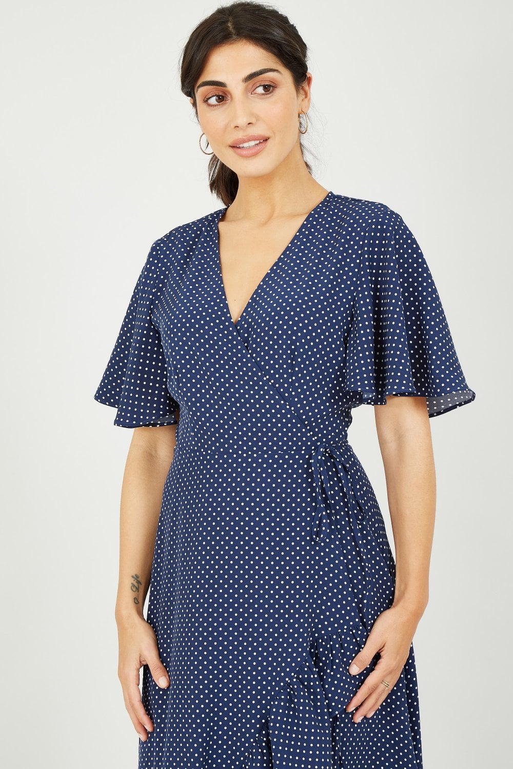 Mela Navy Spotted Wrap Midi Dress Mela