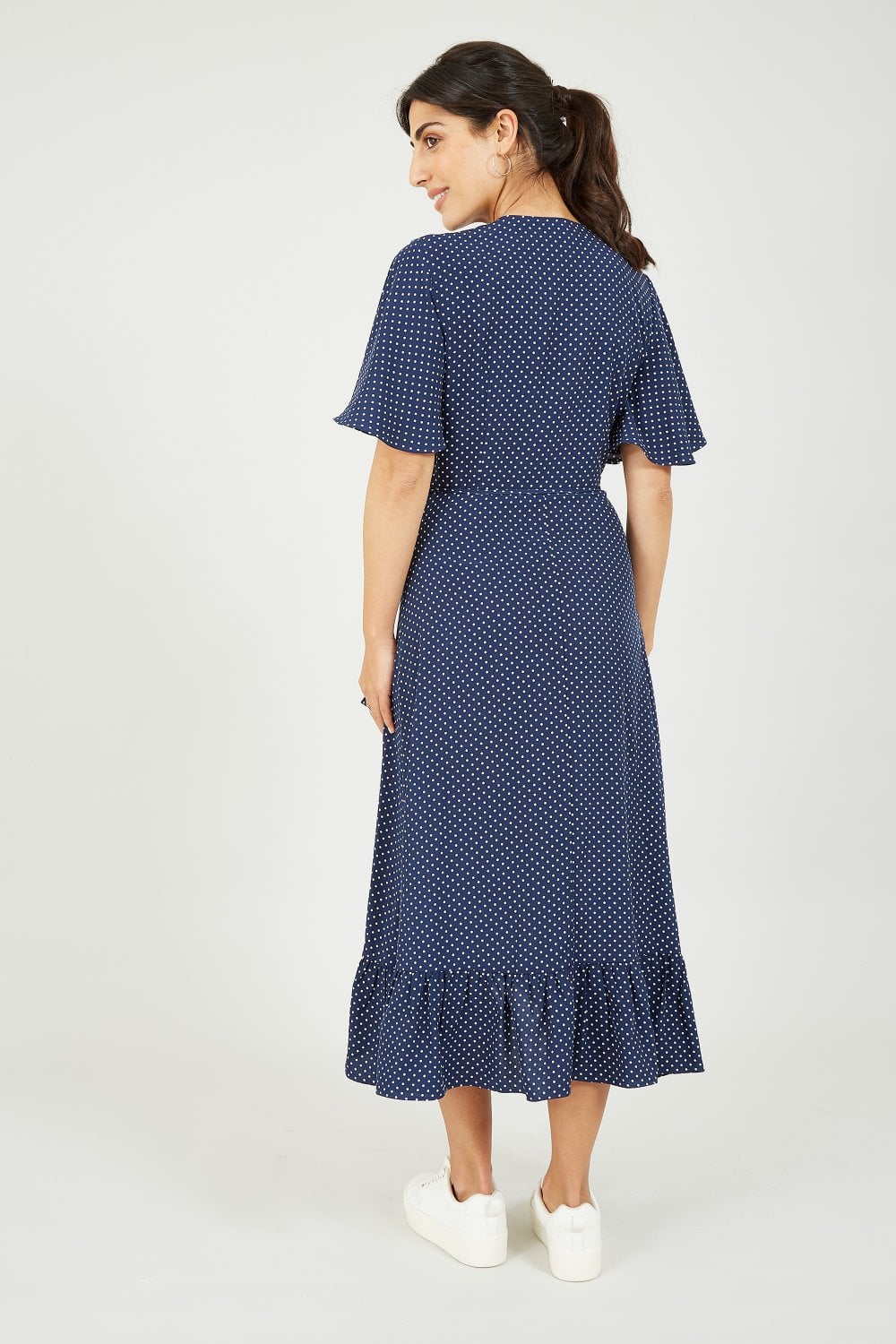 Mela Navy Spotted Wrap Midi Dress Mela