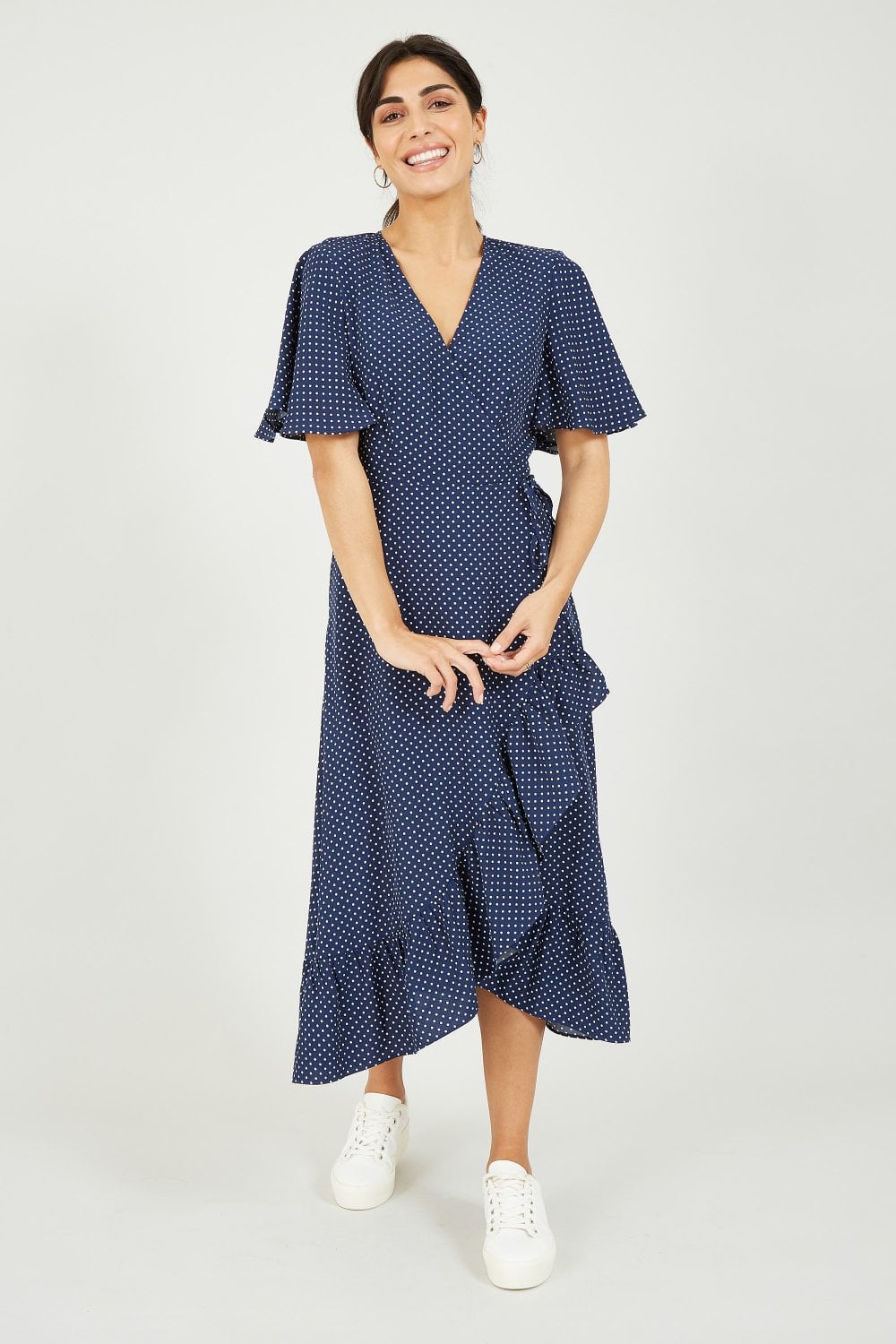 Mela Navy Spotted Wrap Midi Dress Mela