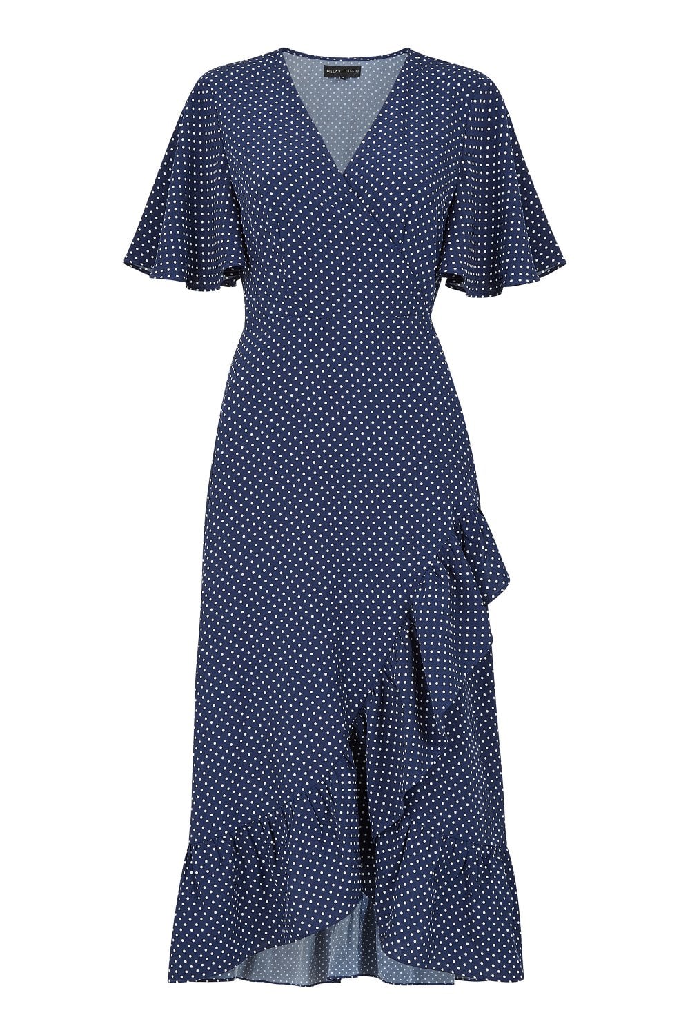 Mela Navy Spotted Wrap Midi Dress Mela