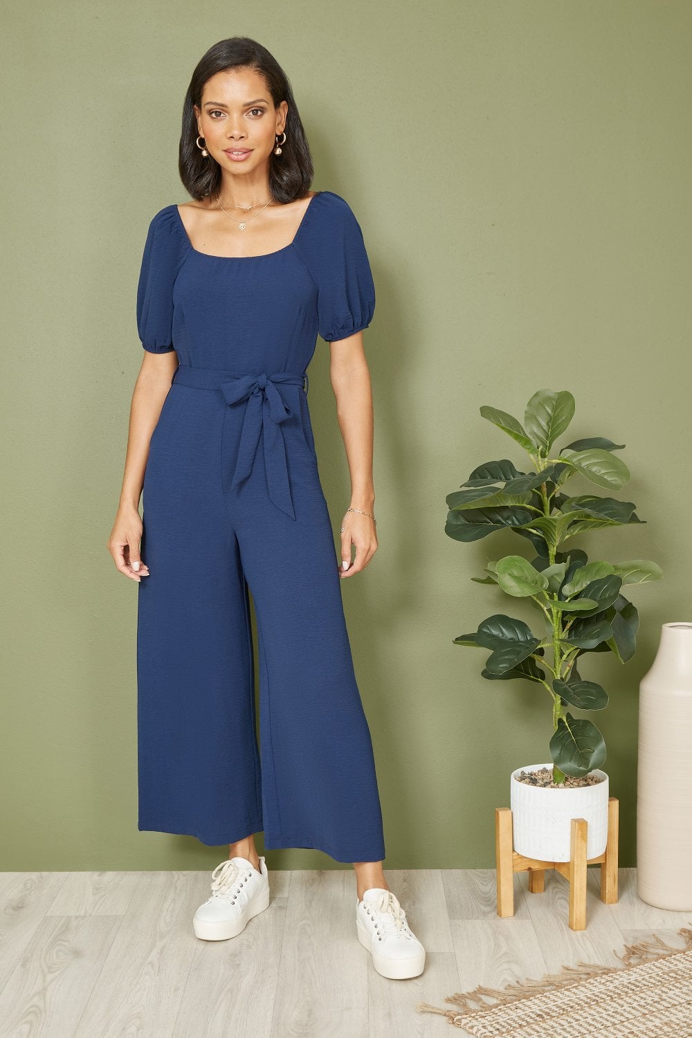 Mela Navy Square Neck Puff Sleeve Culotte Jumpsuit Yumi