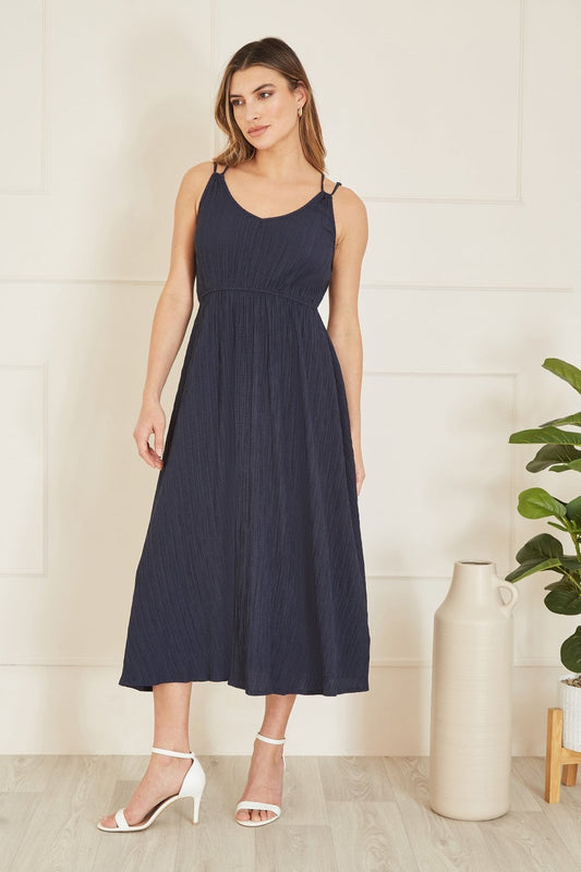 Mela Navy Stretch Crinkle Midi Dress With Cross Over Strappy Back Yumi