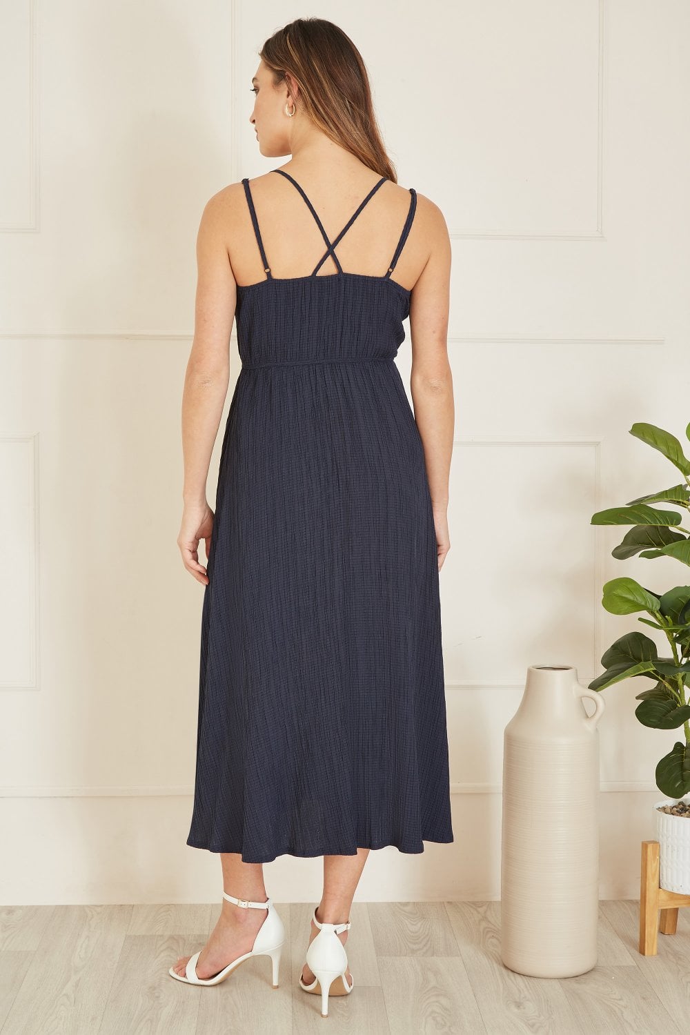 Mela Navy Stretch Crinkle Midi Dress With Cross Over Strappy Back Yumi