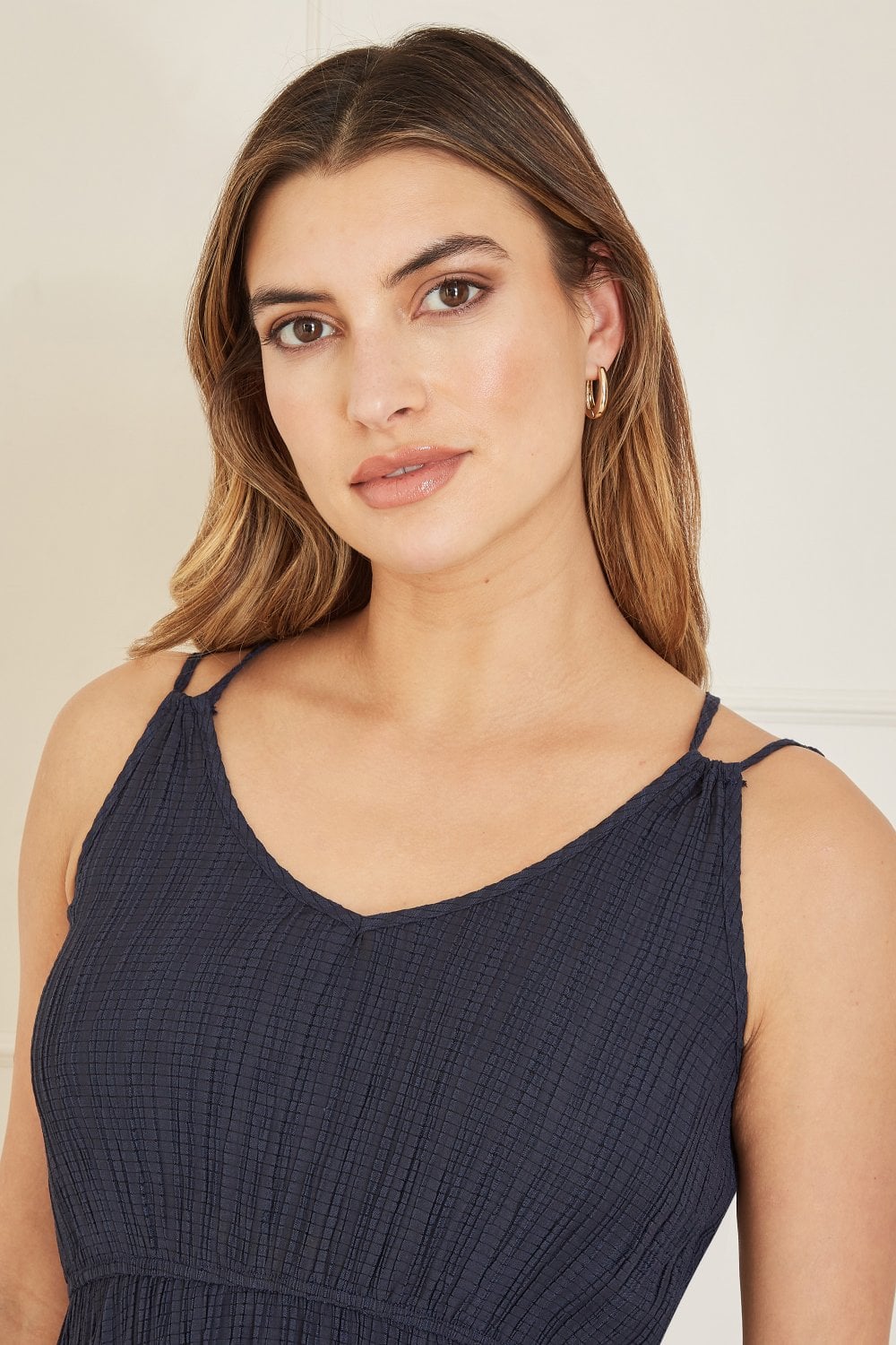 Mela Navy Stretch Crinkle Midi Dress With Cross Over Strappy Back Yumi