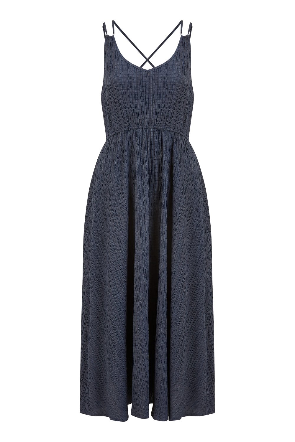 Mela Navy Stretch Crinkle Midi Dress With Cross Over Strappy Back Yumi