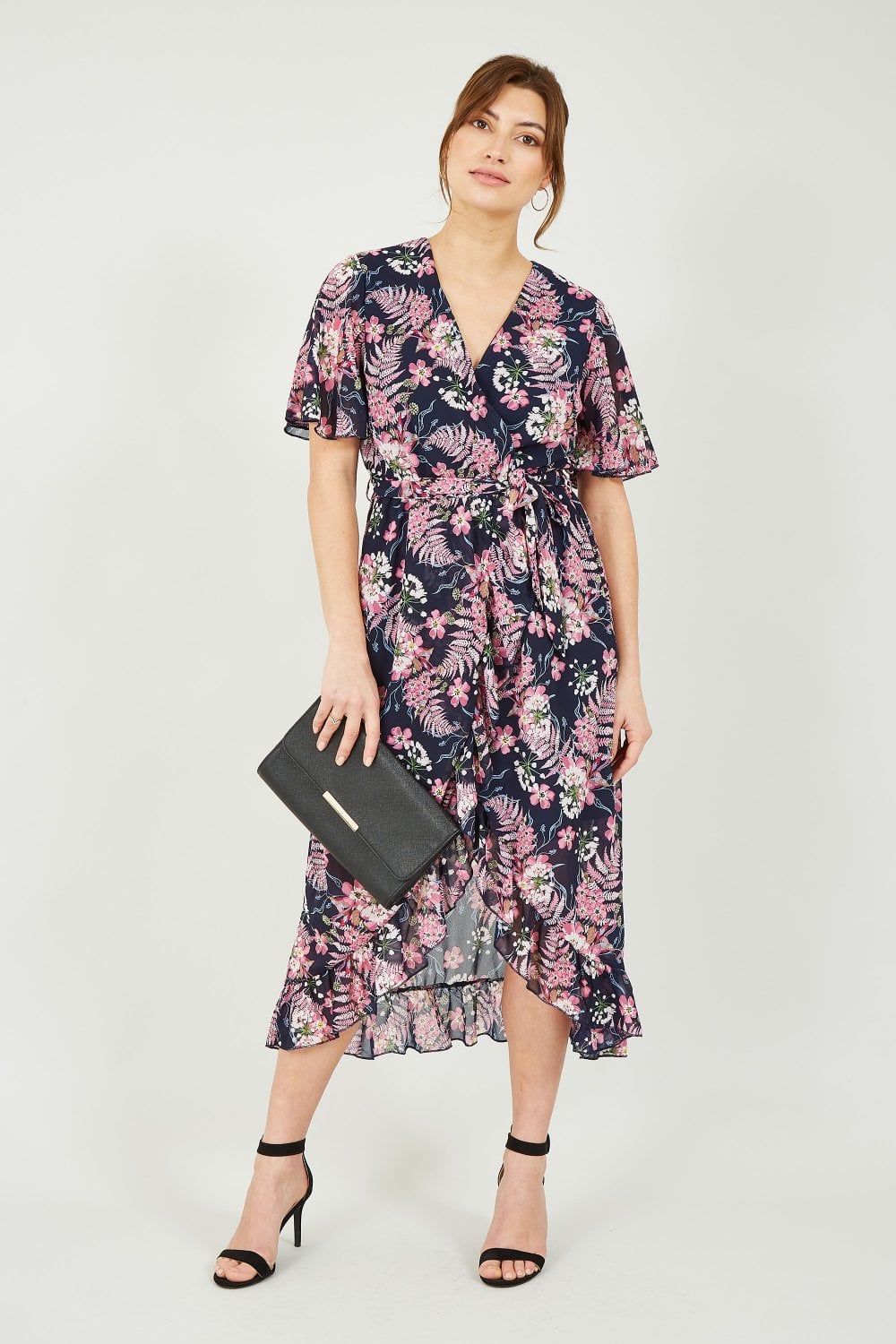 Mela Navy Tropical Floral Wrap Front Midi Dress Mela