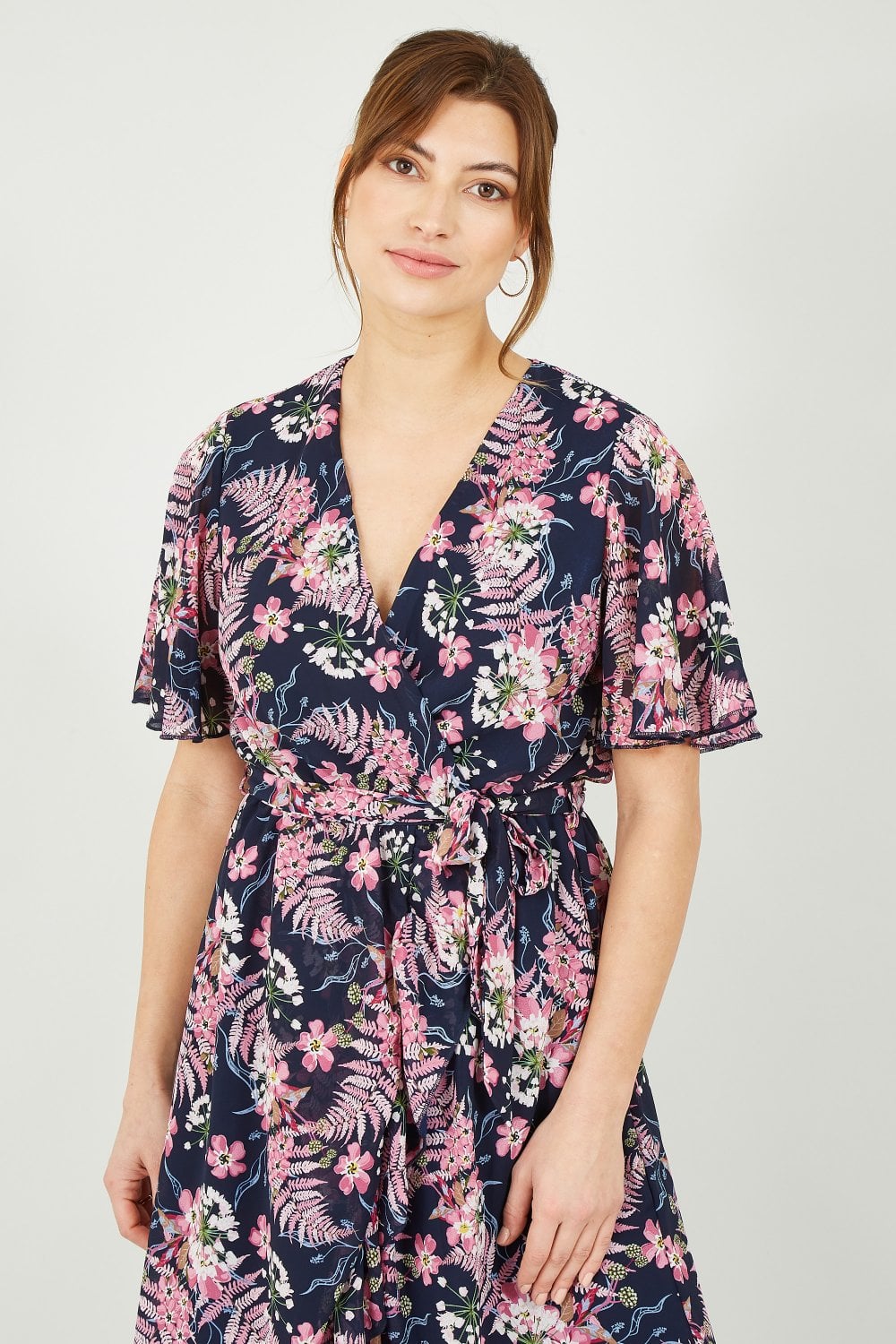 Mela Navy Tropical Floral Wrap Front Midi Dress Mela