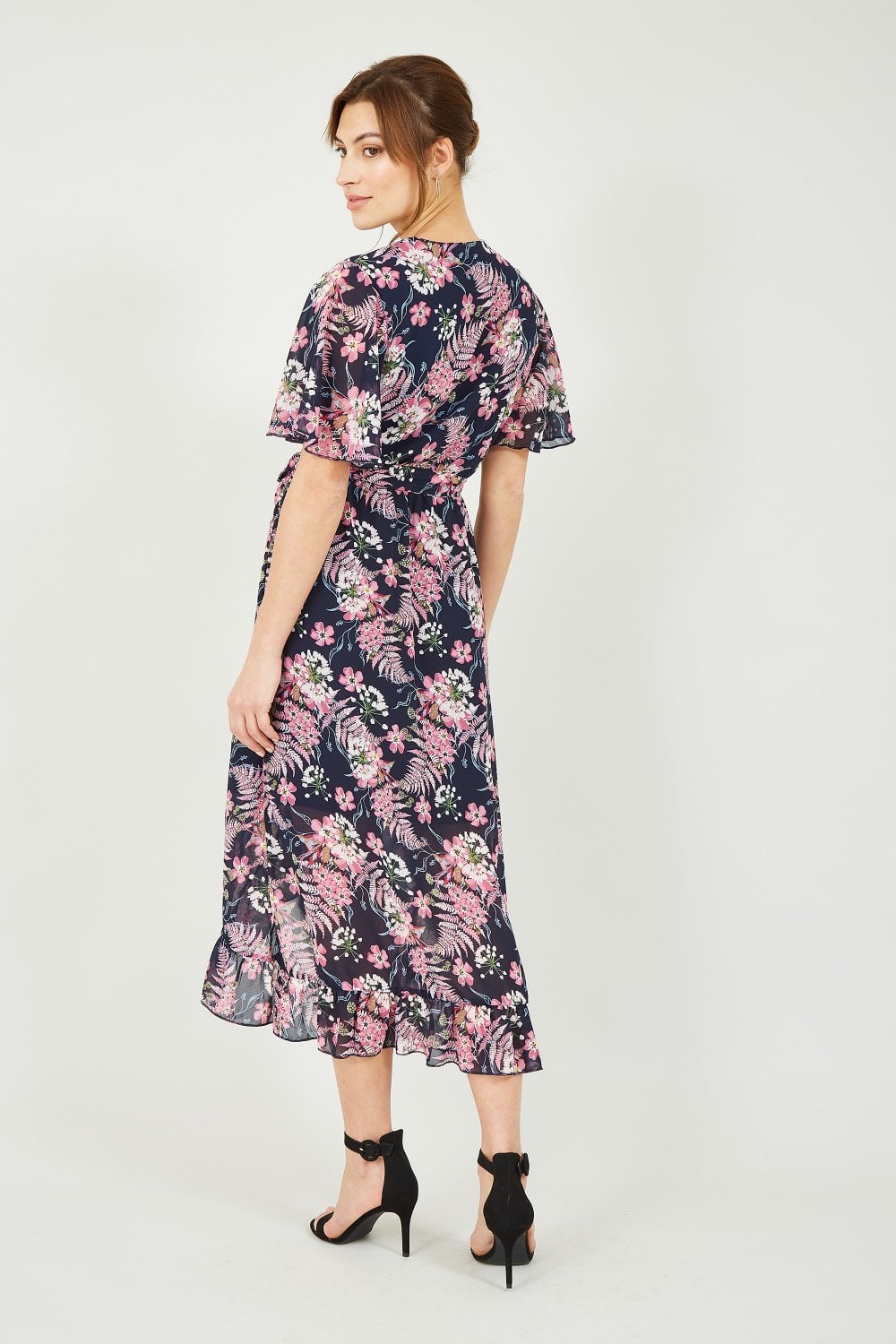 Mela Navy Tropical Floral Wrap Front Midi Dress Mela