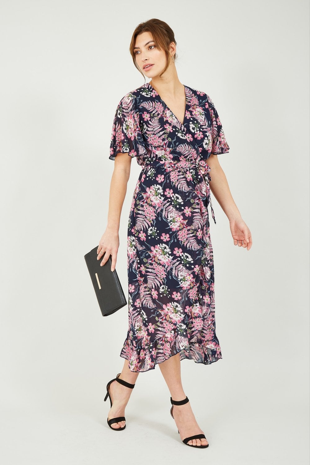 Mela Navy Tropical Floral Wrap Front Midi Dress Mela