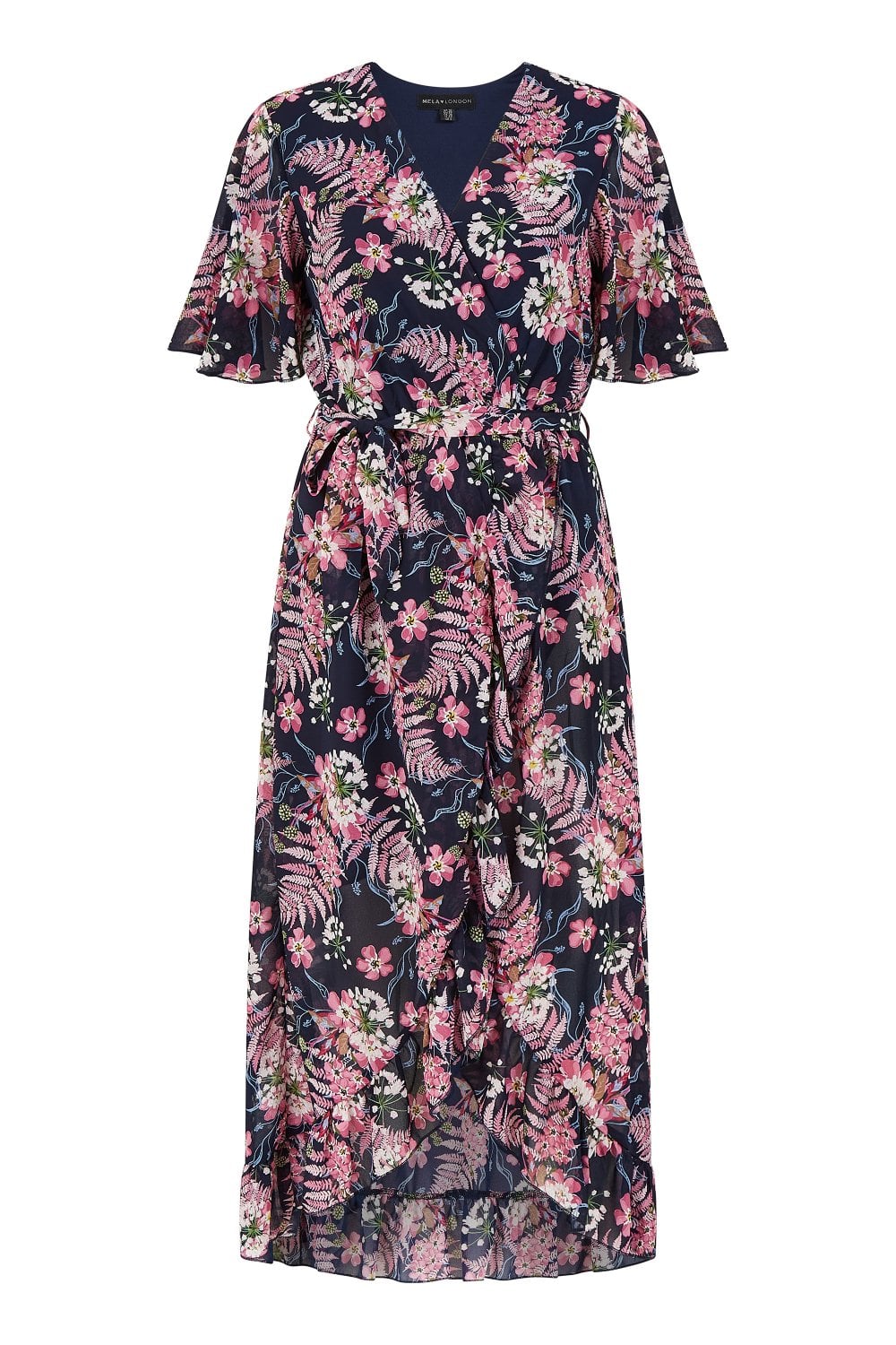 Mela Navy Tropical Floral Wrap Front Midi Dress Mela