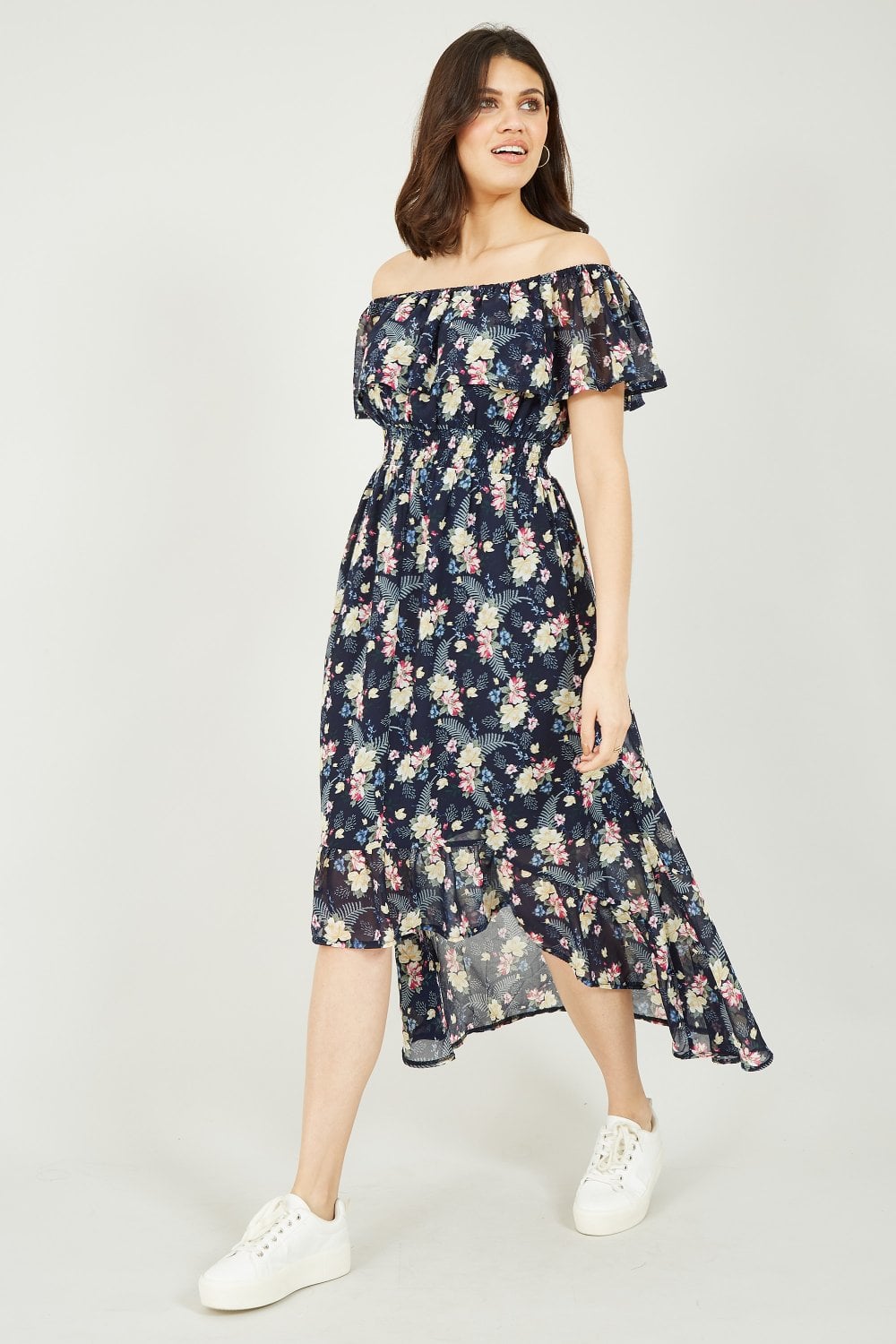 Mela Navy Tropical Printed Dipped Hem Bardot Dress Mela